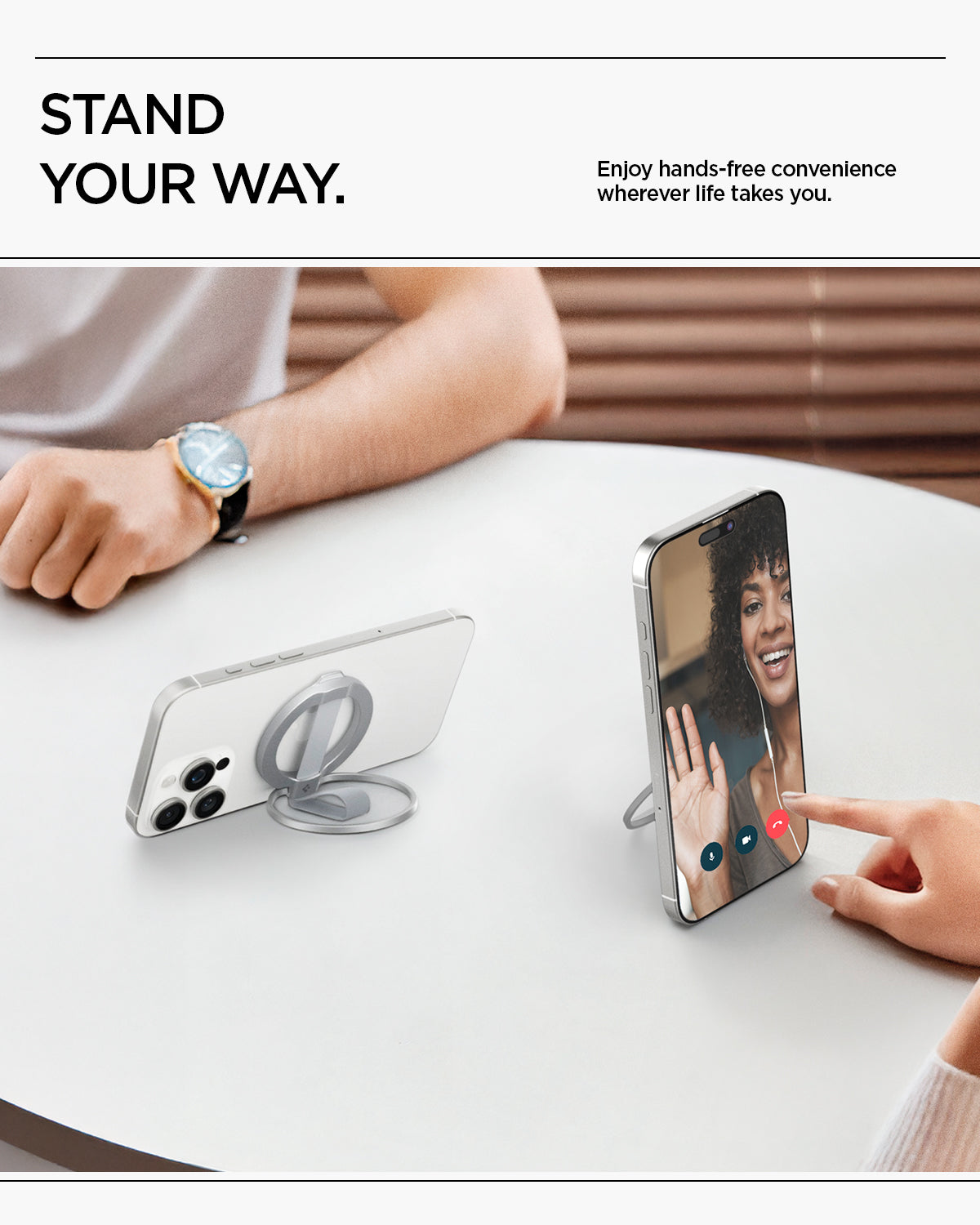 AMP10193 - O-Mag Magnetic Phone Holder (MagFit) | OM103 in Silver showing stand your way. enjoy hands free convenience wherever life takes you