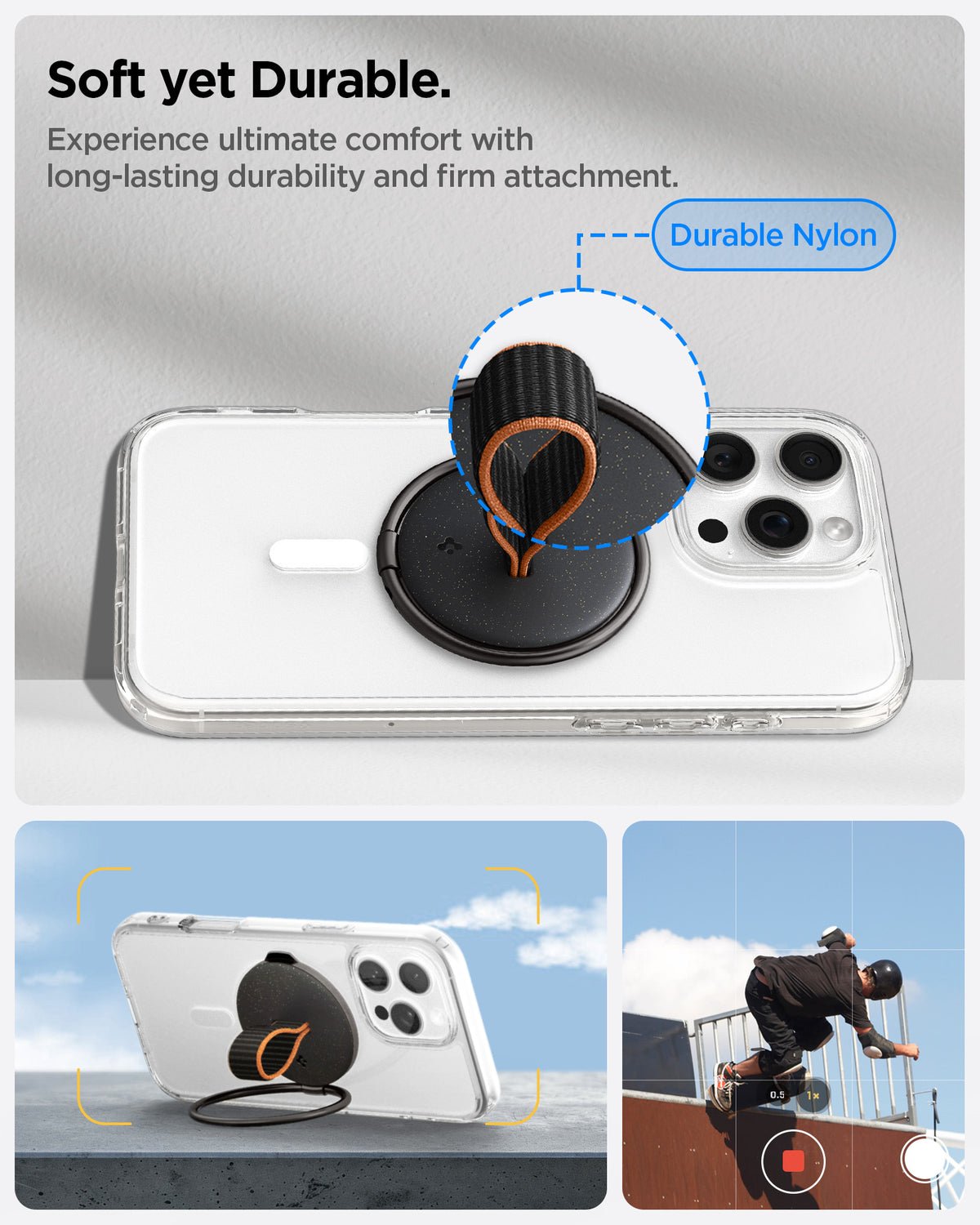 AMP08552 - O-Mag Magnetic Phone Holder (MagFit) OM104 in Black showing the soft yet durable. Experience ultimate comfort with long-lasting durability and firm attachment. Made with durable nylon