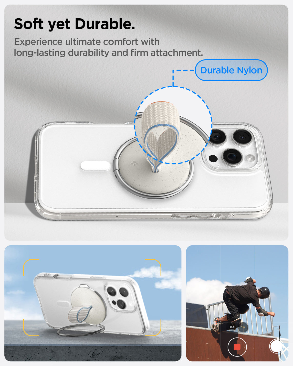 AMP09176 - O-Mag Magnetic Phone Holder (MagFit) OM104 in Dune Beige showing the soft yet durable. Experience ultimate comfort with long-lasting durability and firm attachment. Made with durable nylon