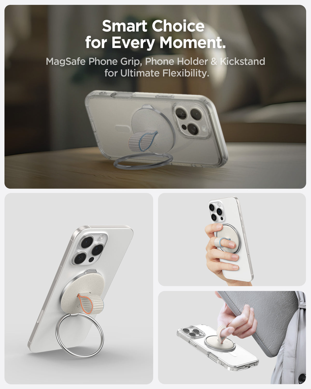 AMP09176 - O-Mag Magnetic Phone Holder (MagFit) OM104 in Dune Beige showing the smart choice for every moment. MagSafe Phone Grip, Phone Holder and Kickstand for Ultimate Flexibility