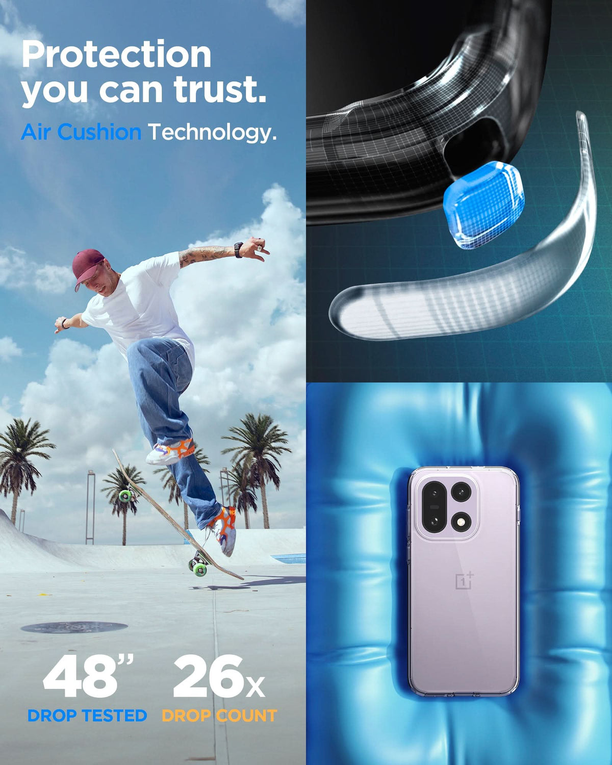 ACS09785 - OnePlus 15 Ultra Hybrid in Crystal Clear showing the Air Cushion Technology (48-inch drop tested and 26 times, drop count). 