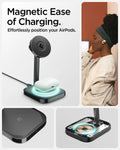 ACH05439 - ArcField™ Magnetic Wireless Charger Stand PF2100 (MagFit) in Black showing the Magnetic Ease of Charging. Effortlessly position your Airpods. A woman listening to music while an airPods case is charging in a charger stand 