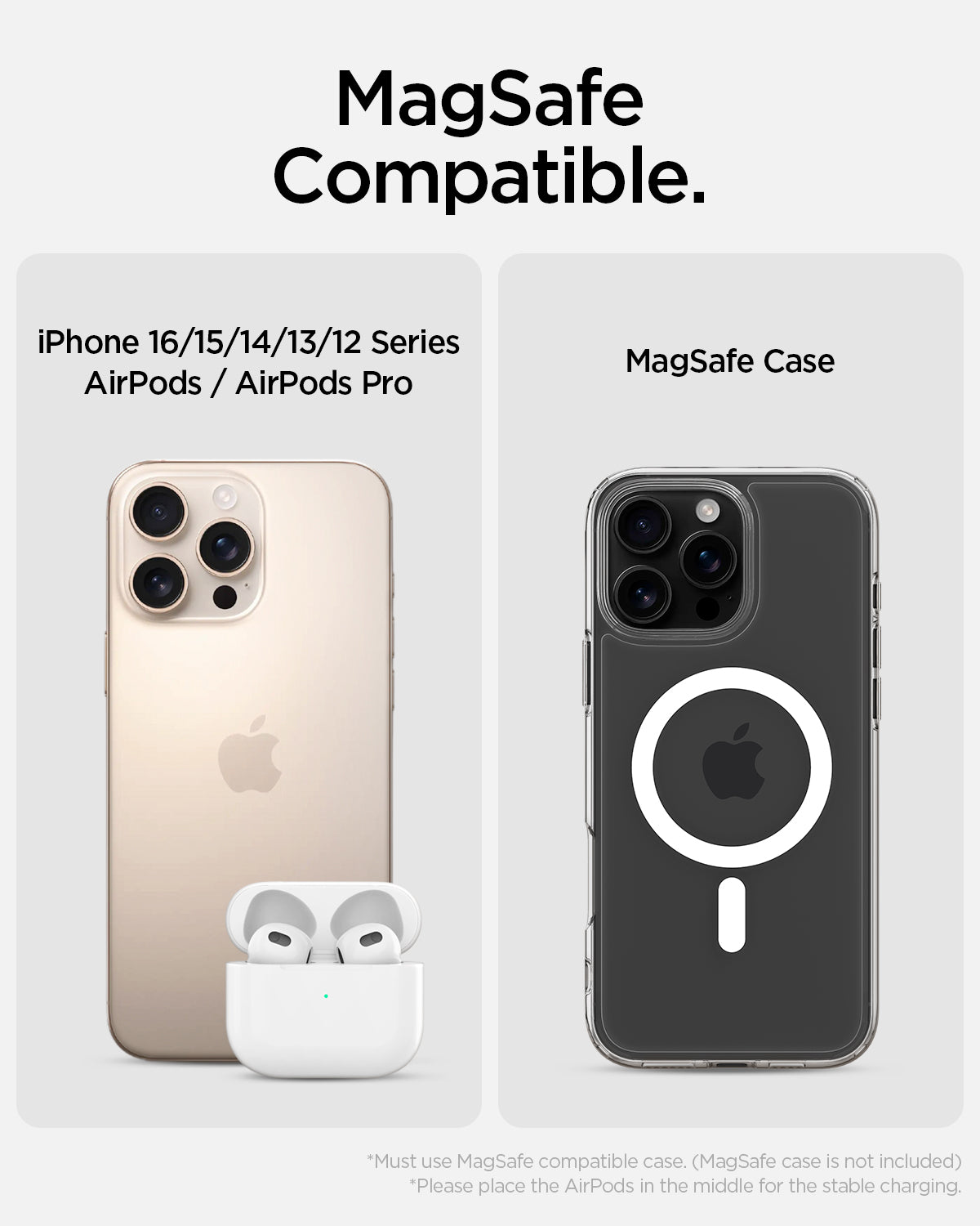 ACH08937 - ArcField™ Magnetic Wireless Charger Stand | PF2402 (MagFit) in Black showing the magsafe compatible. iPhone 16/15/14/13/12 Series AirPods / AirPods Pro and Magsafe Case