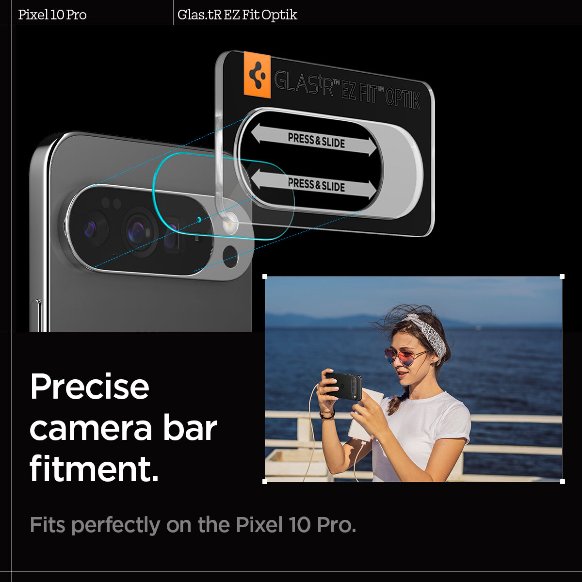 AGL09662 - Pixel 10 Pro Optik EZ Fit Lens Protector fits perfectly on the Pixel 10 pro. precise camera bar fitment.