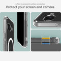 ACS09043 - Pixel 9a Case Ultra Hybrid Metal Ring (MagFit) in Clear White showing how your screen and camera protected. Lifted to prevent surface scratches