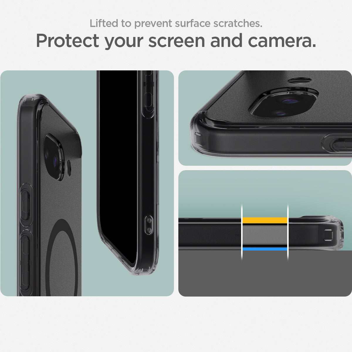 ACS09045 - Pixel 9a Case Ultra Hybrid Metal Ring (MagFit) in Frost Black showing how your screen and camera protected. Lifted to prevent surface scratches