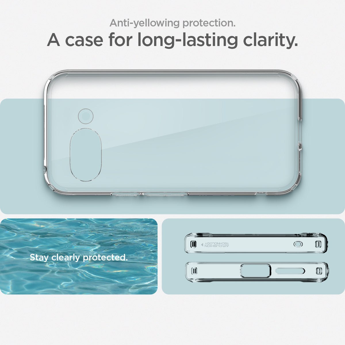 ACS09042 - Pixel 9a Case Ultra Hybrid in Crystal Clear showing the anti-yellowing protection. A case for long-lasting clarity. Stayed clearly protected