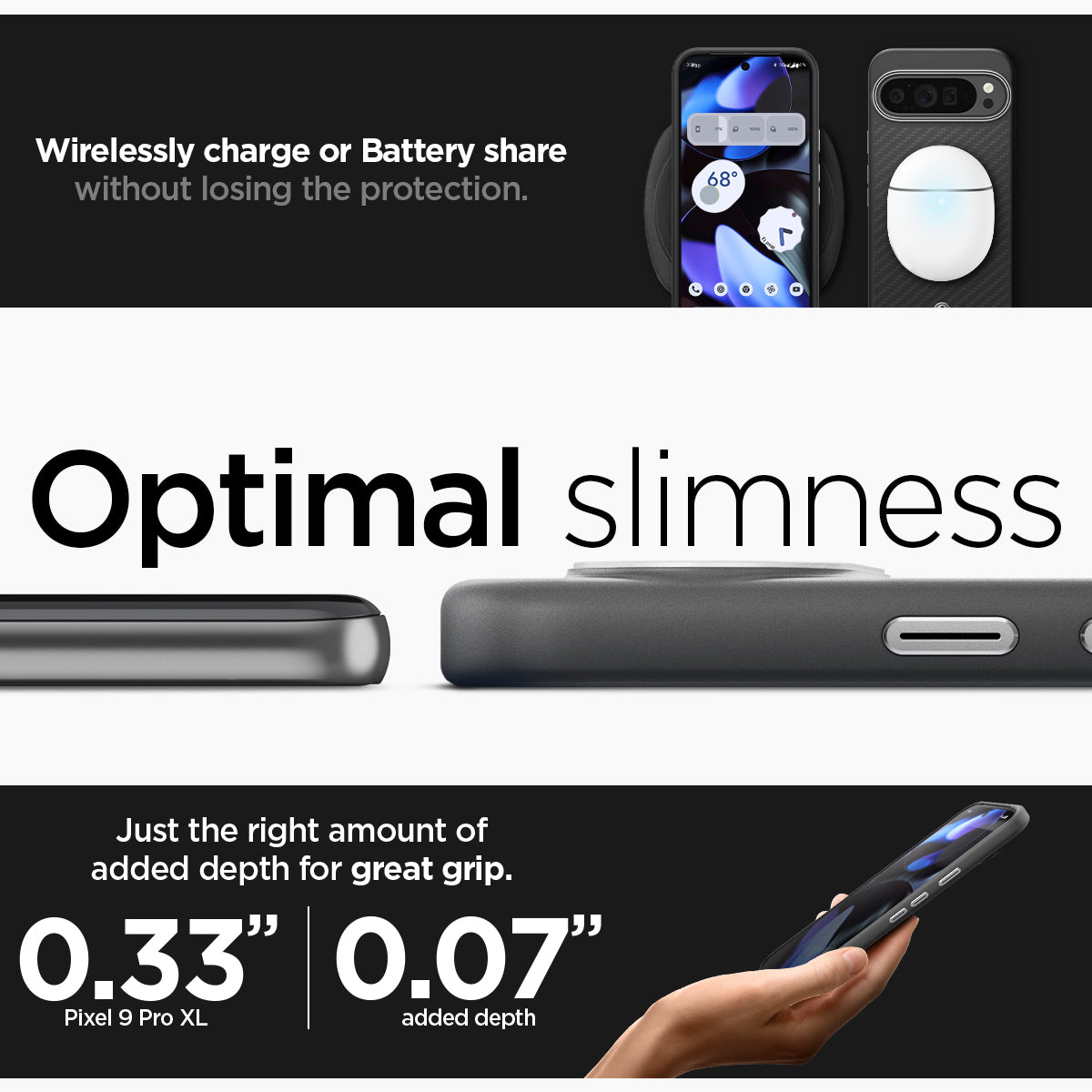 ACS07734 - Pixel 9 Pro XL Case Enzo Aramid in Matte Black wirelessly charge or battery share without losing the protection. Optimal slimness. Just the right amount of added depth for great grip.
