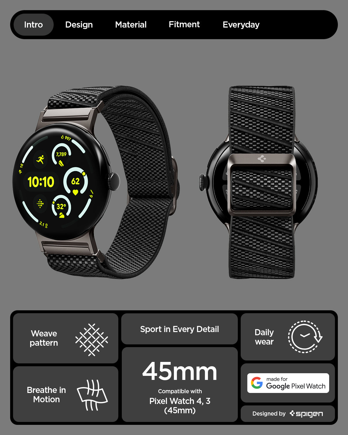 AMP11421 - Pixel Watch 4 45mm Lite Fit X Watch Band in black showing the features of band