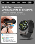 AMP11421 - Pixel Watch 4 45mm Lite Fit X Watch Band in black showing the hold the connector when attaching or detaching