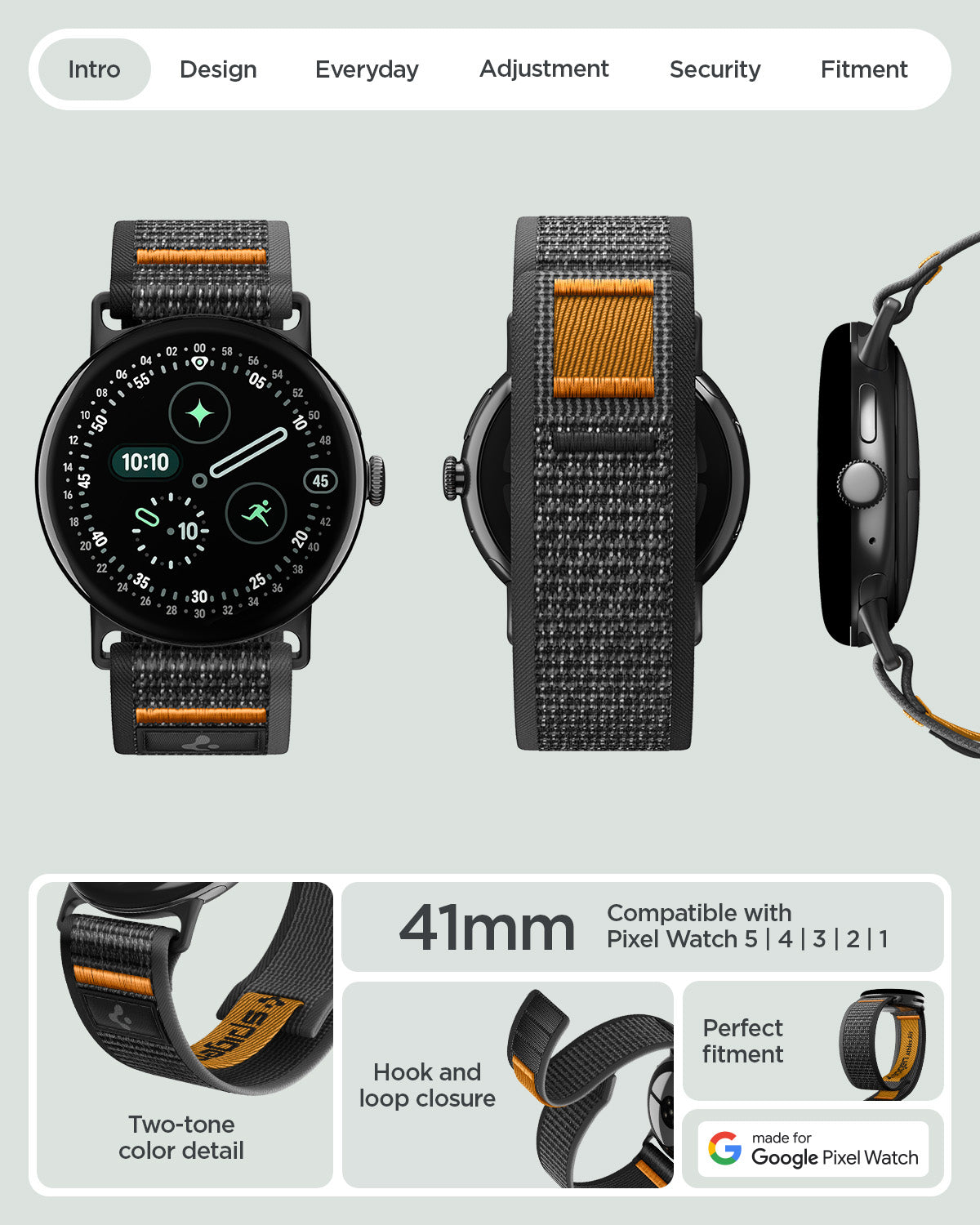 AMP11751 - Pixel Watch 5 (41mm)  Athlex Air Active Black Orange multiple product angles showcase the overall design and secure attachment system.