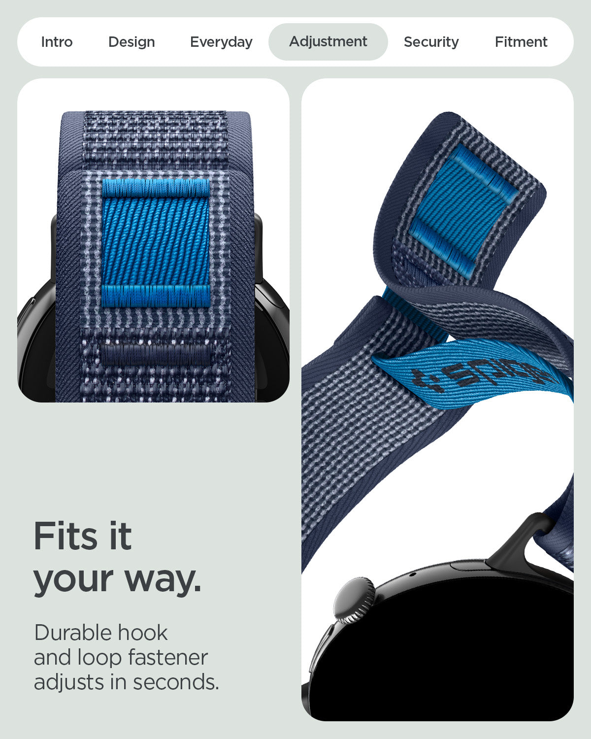 AMP11748 - Pixel Watch 5 (45mm)  Athlex Air Active Navy Blue hook and loop fastener allows quick, secure, and precise adjustment.