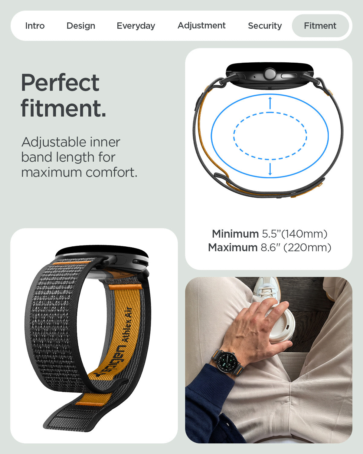AMP11751 - Pixel Watch 5 (41mm)  Athlex Air Active Black Orange adjustable design accommodates a wide range of wrist sizes for a customized fit.