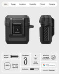 ACS09481 - Pixel Buds 2a Case Lock Fit in black showing the case overview. Button access, grooved for easy opening, carabiner, adhesive, hole cutouts and wireless charging compatible