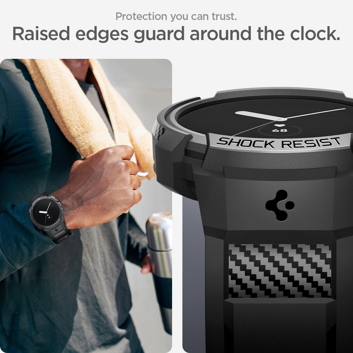 ACS04800 - Pixel Watch Case Rugged Armor Pro in black protection you can trust. raised edges guard around the clock.