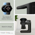 AMP073933 - Pixel Watch Stand Black S355 showing the compatibility. Only compatible with Pixel Watch 3 (45mm/41mm), 2, stand in charge