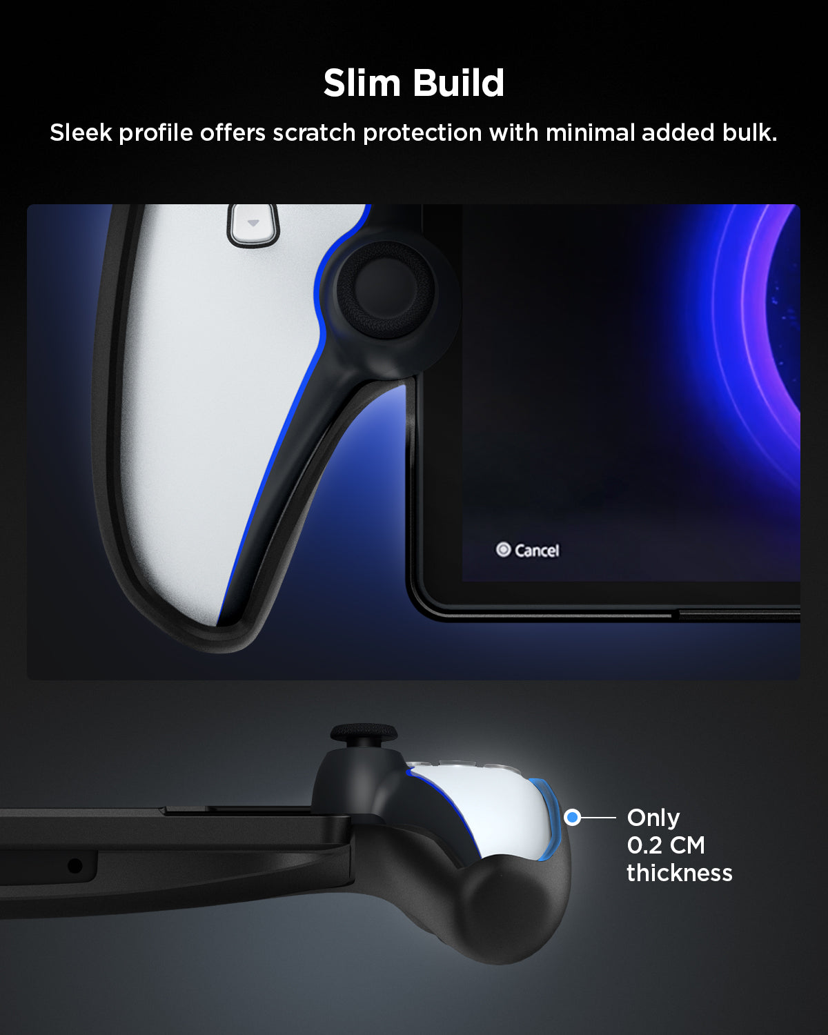 ACS07235 - Playstation Portal Case Thin Fit in black showing the slim build. Sleek profile offers scratch protection with minimal added bulk. Only 0.2 CM thickness