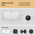 ACP09093 - R1S (2022-2025) Rivian CryoShade RO260 in Black showing what's in the box. Includes one foldable sunshade and custom bag for easy storage. 29inx56in while fully open, 14.2inx14.2in when stored inside the bag. How to fold it? first fold in in half, twisted in each opposite direction, hold it and put it inside the bag