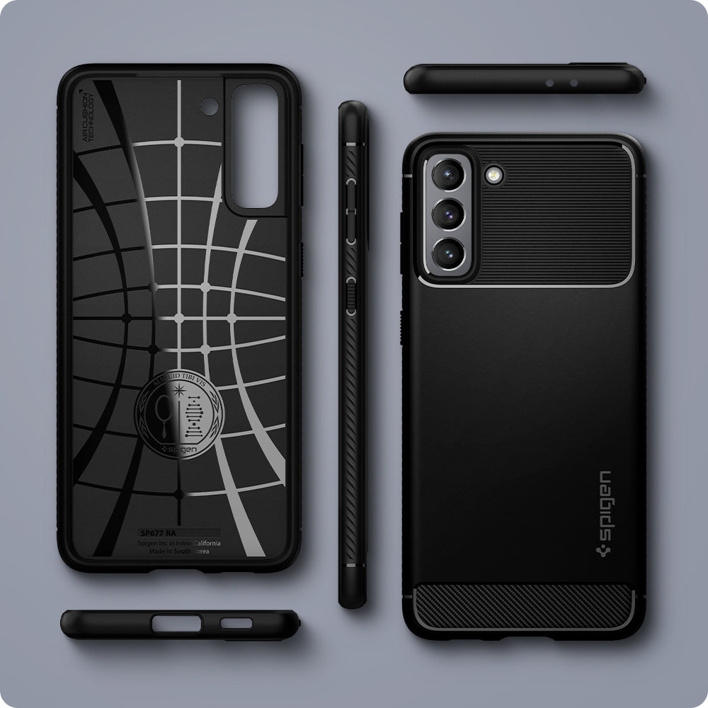 ACS02421 - Galaxy S21 Rugged Armor Case in matte black showing front, back, side, top and bottom.