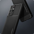 ACS02349 - Galaxy S21 Ultra Rugged Armor Case in matte black showing back of the case with spigen logo.