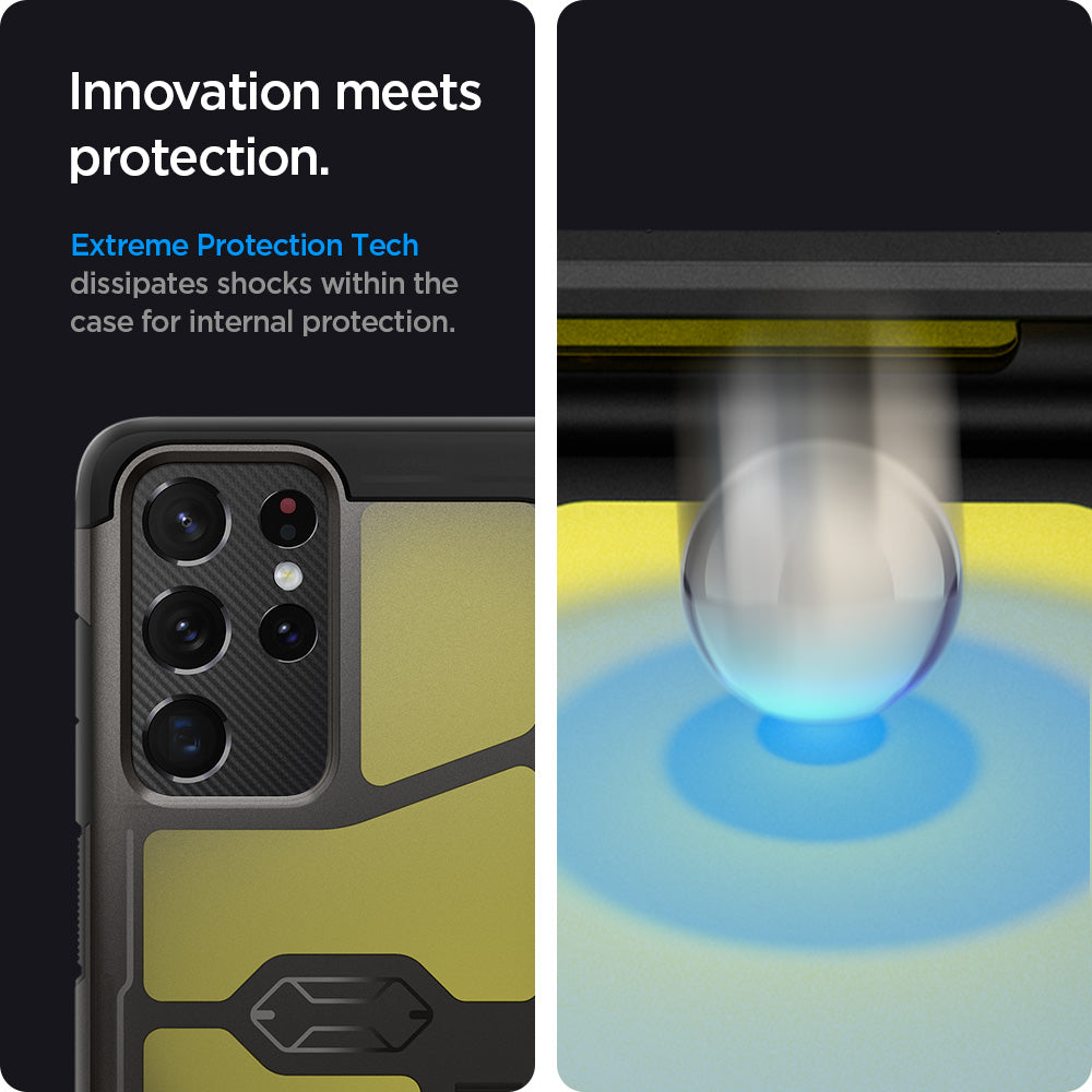 ACS02355 - Galaxy S21 Ultra Tough Armor Case in gunmetal innovation meets protection. Extreme protection tech dissipates shocks within he case for internal protection.