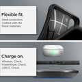 ACS03953 - Galaxy S22 Plus 5G Case Liquid Air in black showing the flexible fit. Sleek protection. Crafted with the finest materials. Charge on. Wireless, PowerShare and USB- C all check