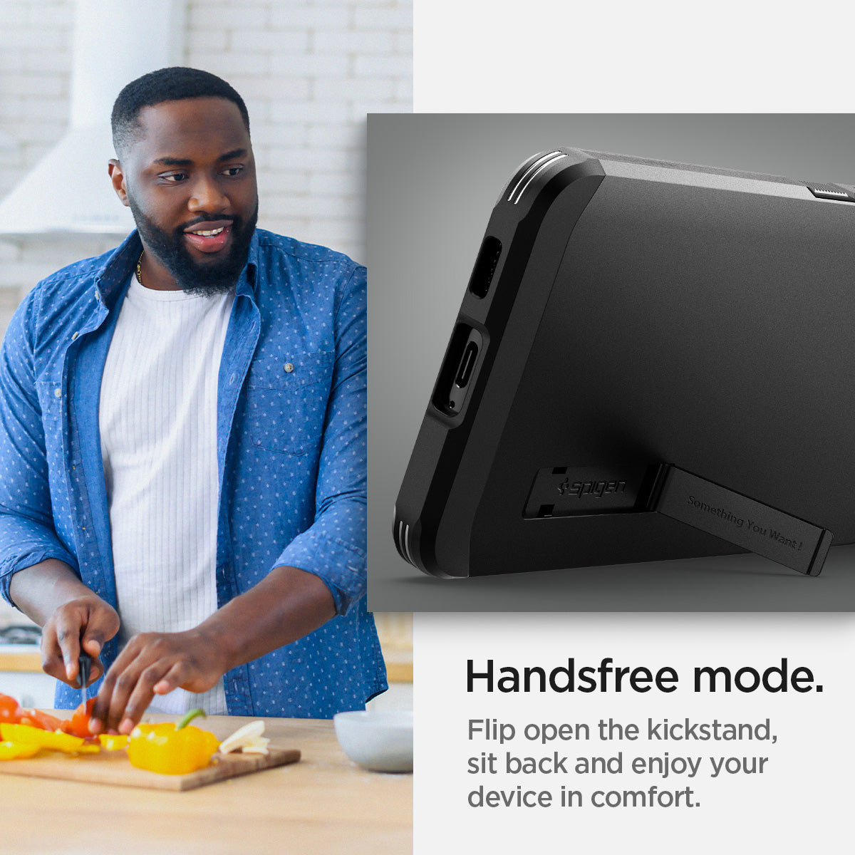 ACS03991 - Galaxy S22 5G Case Tough Armor in black  handsfree mode. Flip open the kickstand, sit back and enjoy your device in comfort. 
