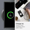 ACS03915 - Galaxy S22 Ultra 5G Case Liquid Air in black showing charge on. Wireless, PowerShare and USB-C all check