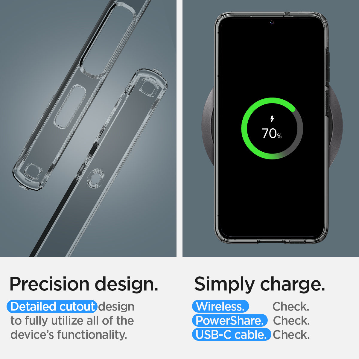 ACS05709 - Galaxy S23 Case Liquid Crystal in space crystal precision design. Detail cutout design to fully utilize all of the device's functionality. Simply charge wireless check. power share check. USB-C cable check.
