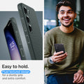 ACS05667 - Galaxy S23 Plus Case Liquid Air in abyss green showing the easy to hold. Fluid textured design for a sturdy grip and extra comfort
