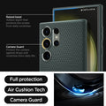 ACS05615 - Galaxy S23 Ultra Case Liquid Air in abyss green showing the full protection, air cushion tech and camera guard. Raised bezel-added depth that protects the screen from daily scratches
