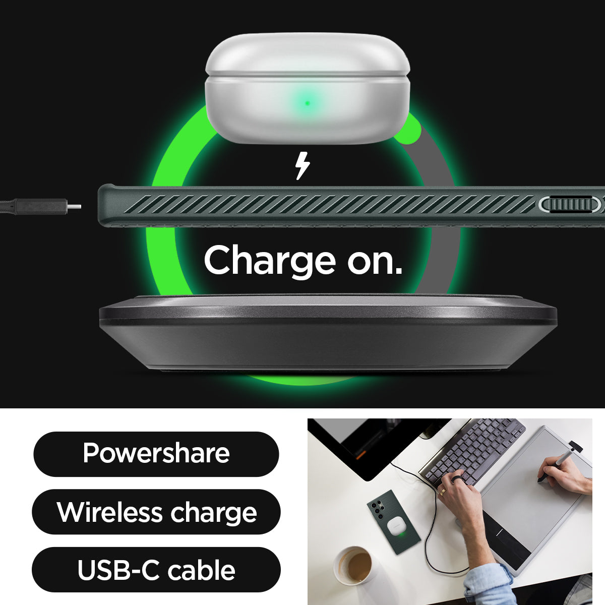 ACS05615 - Galaxy S23 Ultra Case Liquid Air in abyss green showing charge on with Powershare, wireless charge and USB-C cable