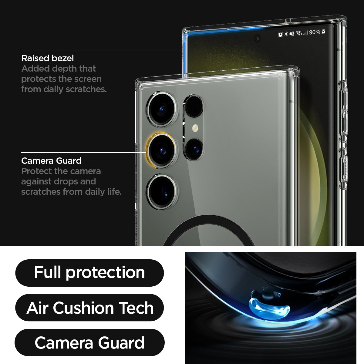 ACS05621 - Galaxy S23 Ultra Case Ultra Hybrid One Tap Ring in black  raised bezel added depth that protects the screen from daily scratches. camera guard protect the camera against drops and scratches from daily life. full protection. air cushion tech. camera guard. 