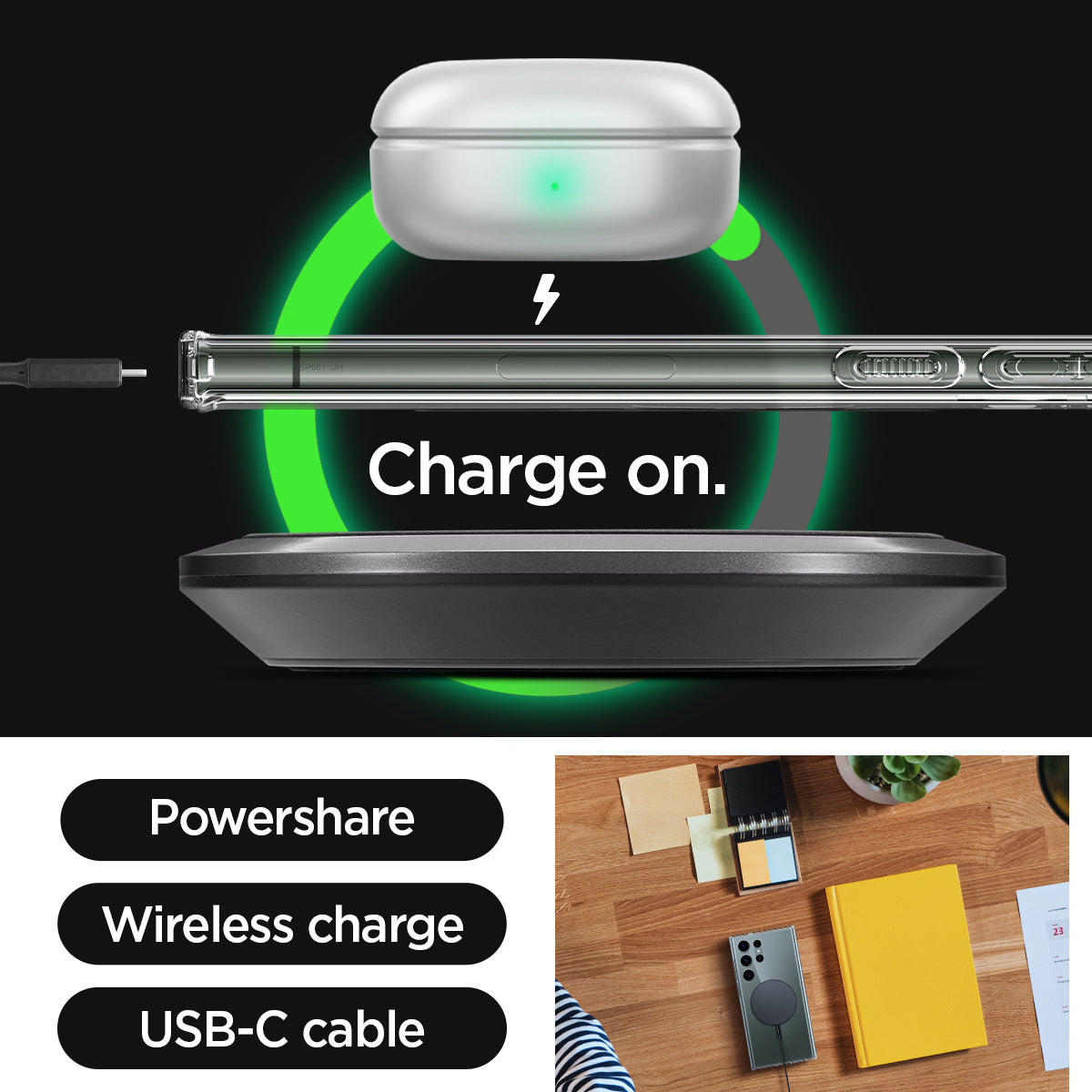 ACS05621 - Galaxy S23 Ultra Case Ultra Hybrid One Tap Ring in black  charge on. powershare. wireless charge. USB-C cable.