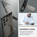 ACS07301 - Galaxy S24 Ultra Case Tough Armor in Gunmetal showing the handsfree mode. Flip open the kickstand, sit back and enjoy your device in comfort