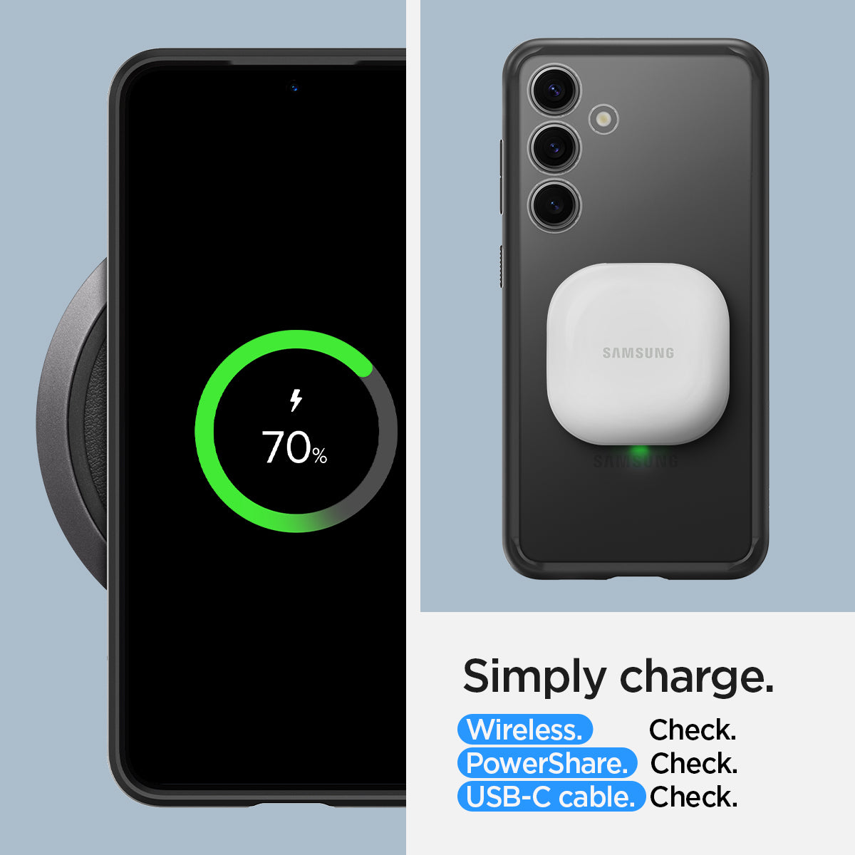 ACS07352 - Galaxy S24 Case Ultra Hybrid in Matte Black Simply charge wireless check. power share check. USB-C cable check.