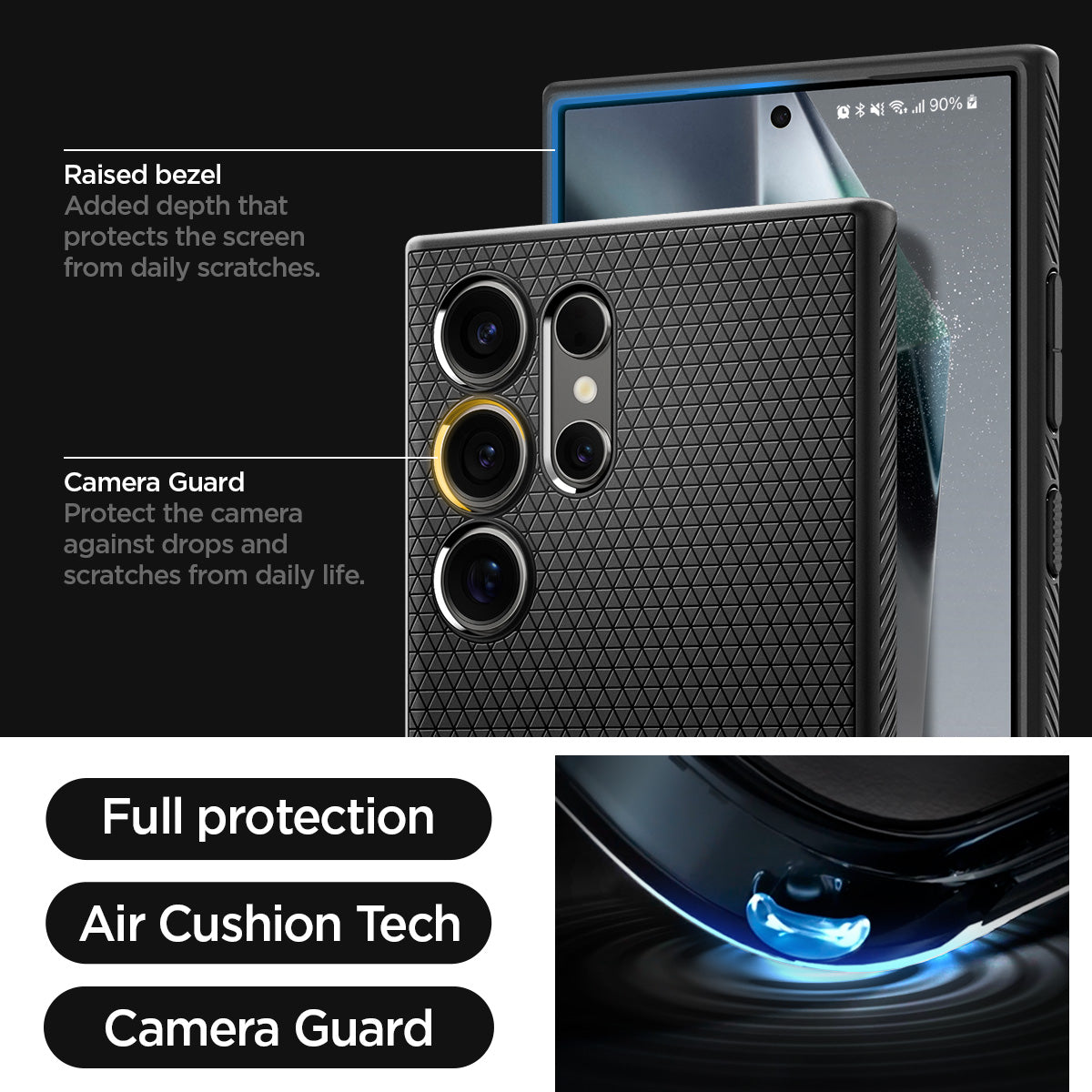 ACS07287 - Galaxy S24 Ultra Case Liquid Air in Matte Black raised bezel added depth that protects the screen from daily scratches. camera guard protect the camera against drops and scratches from daily life. full protection. air cushion tech. camera guard. 