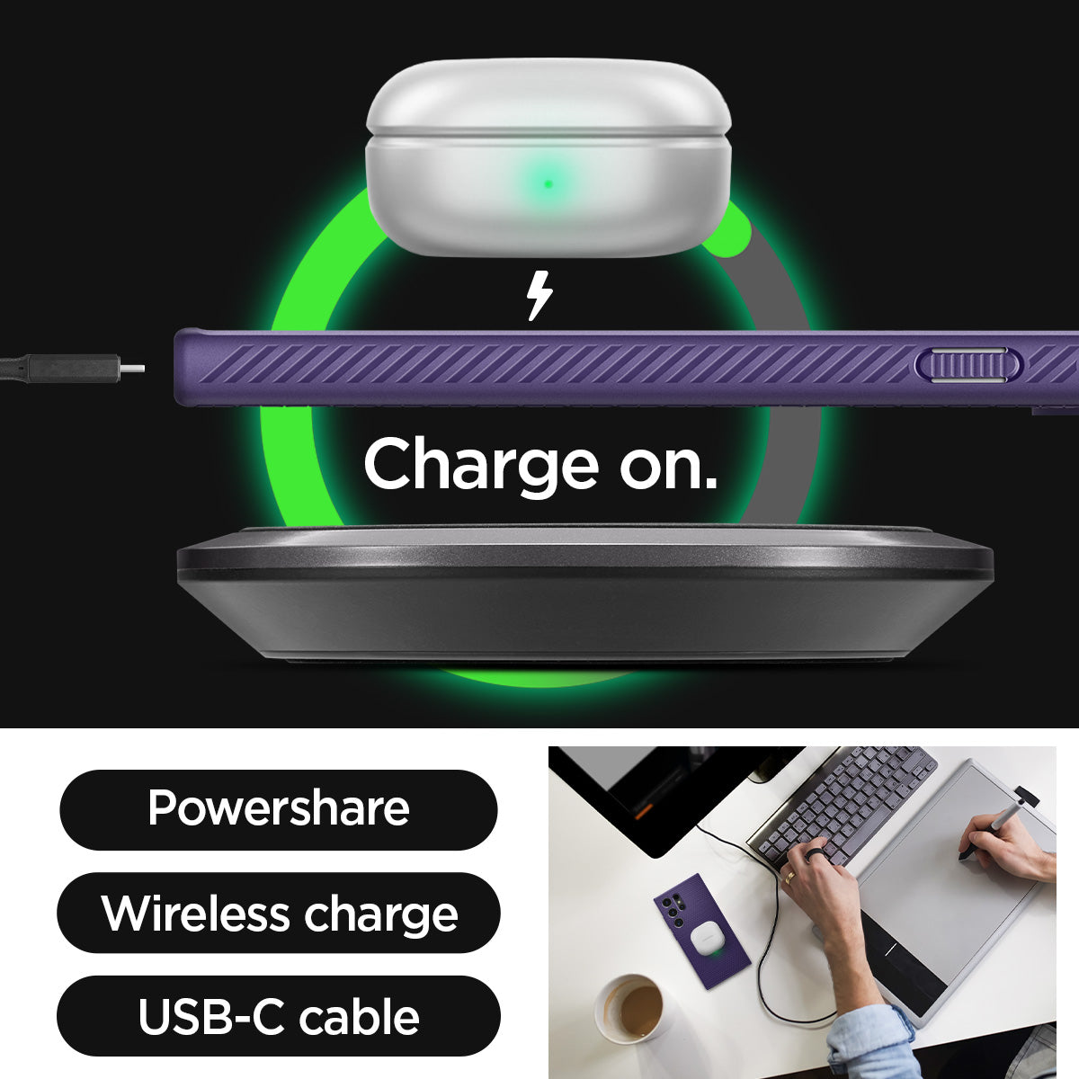 ACS07449 - Galaxy S24 Ultra Case Liquid Air in Deep Purple charge on. powershare. wireless charge. USB-C cable.