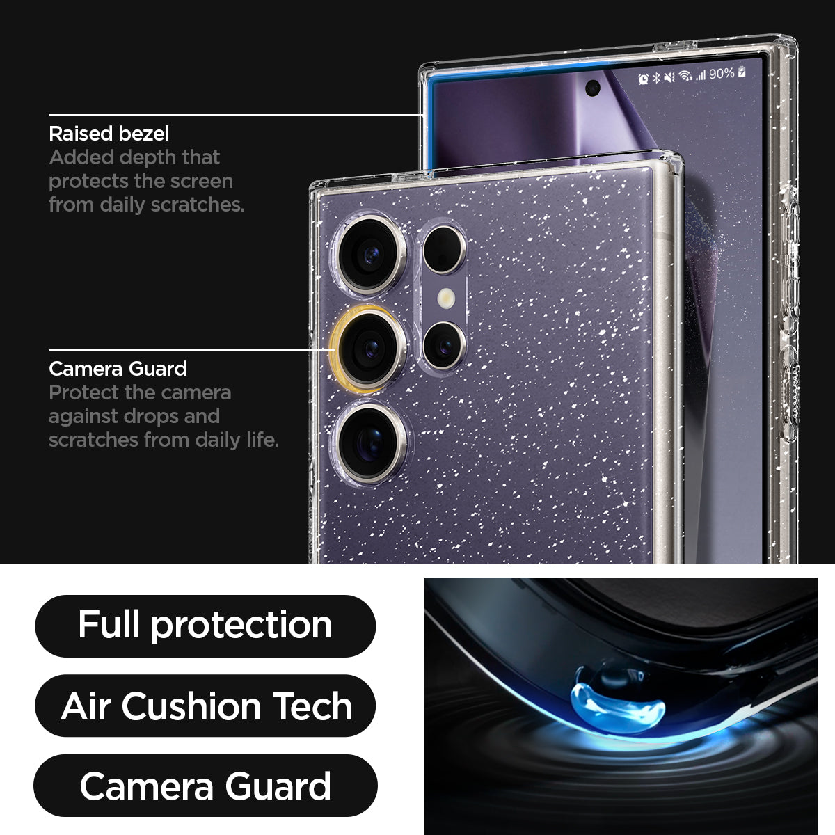 ACS07285  - Galaxy S24 Ultra Case Liquid Crystal Glitter in Crystal Quartz  raised bezel added depth that protects the screen from daily scratches. camera guard protect the camera against drops and scratches from daily life. full protection. air cushion tech. camera guard. 