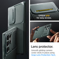 ACS07314 - Galaxy S24 Ultra Case Optik Armor in Abyss Green showing the lens protector. Smooth gliding camera cover clicks in place using Snap Lens Protection Tech with unique grip for easy access