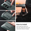 ACS07314 - Galaxy S24 Ultra Case Optik Armor in Abyss Green showing  how to install. First install the device to the case, align the cover and snap each corners in place