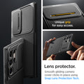ACS07313 - Galaxy S24 Ultra Case Optik Armor in Black showing the lens protector. Smooth gliding camera cover clicks in place using Snap Lens Protection Tech with unique grip for easy access