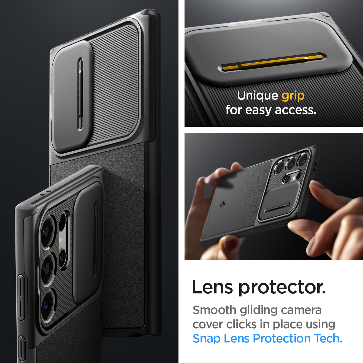 ACS07313 - Galaxy S24 Ultra Case Optik Armor in Black showing the lens protector. Smooth gliding camera cover clicks in place using Snap Lens Protection Tech with unique grip for easy access