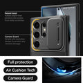 ACS07313 - Galaxy S24 Ultra Case Optik Armor in Black showing the full protection, air cushion tech, and camera guard. Raised bezel-added depth that protects the screen from daily scratches