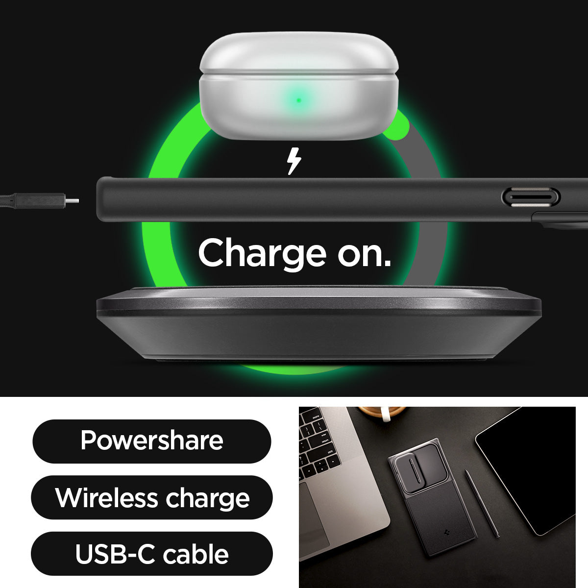 ACS07313 - Galaxy S24 Ultra Case Optik Armor in Black showing the powershare, wireless charge and USB-C cable
