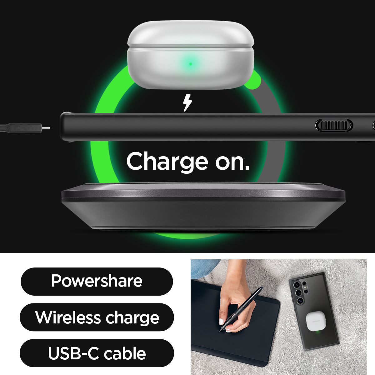 ACS07295 - Galaxy S24 Ultra Case Ultra Hybrid in Matte Black charge on. powershare. wireless charge. USB-C cable.