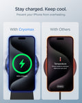 ACH07976 - OneTap Phone Stand S310WC (MagFit) comparison showing iPhone fully charged and cool versus overheating on standard charger
