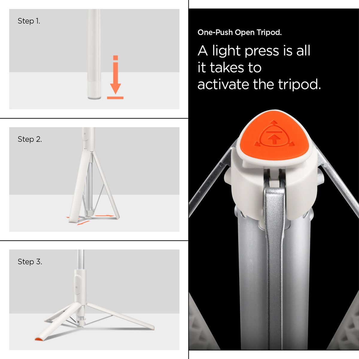 AMP09337 - Tripod Selfie Stick S541W in Dune Beige showing the one-push open tripod. A light press is al it takes to activate the tripod 1. Placed the stick on the floor 2. Lightly press to release the stand and 3. Extend the tripod stand