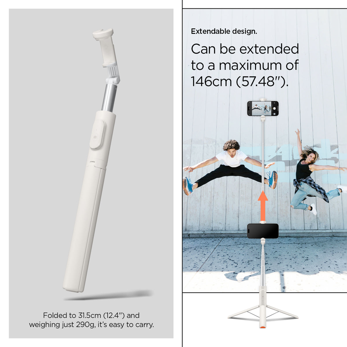 AMP09337 - Tripod Selfie Stick S541W in Dune Beige showing the extendable design. Can be extended to a maximum of 146cm (57.48") Folded to 31.5cm (12.4") and weighing just 290g, it's easy to carry 
