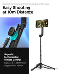 AMP07656 - Tripod Selfie Stick (Magfit) | S571W showing bluetooth 4.2 remote control for shooting up to 10m away. easy shooting at 10m distance. Magnetic rechargeable remote control. captures up to 50,000shots. usage duration : 20 hours.